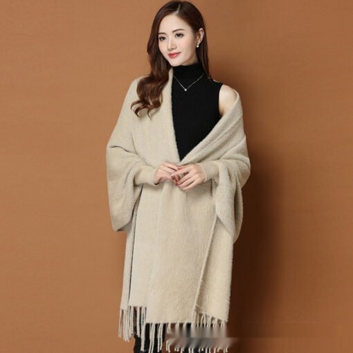 Autumn And Winter Classic Pure Color Thickened Faux Mink Sleeved Shawl Women's Scarf - Larawan 5