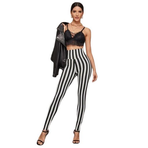 Vertical Stripes High Waist Leggings Cropped Skinny Pants - 图片 10